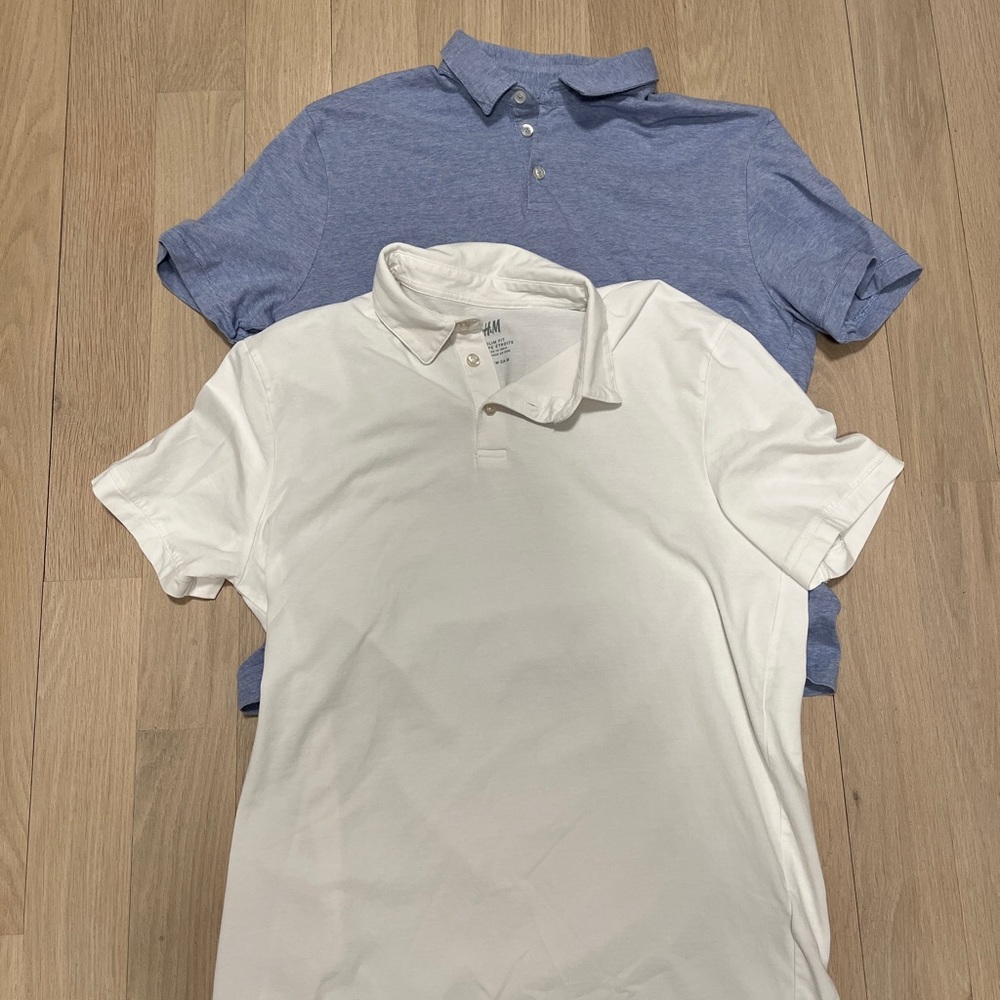 2 Men's H&M slim fit polos, size medium, blue and white - Picture 1 of 5